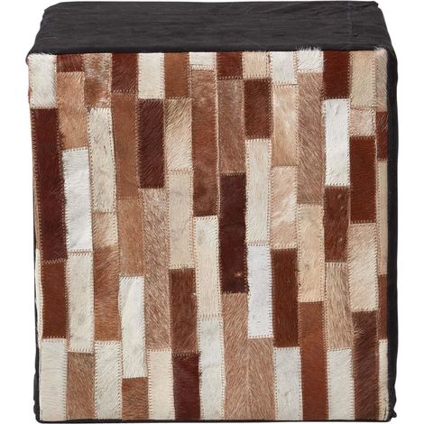 HOMESCAPES Patchwork-Pouf schwarz-braun – Sitzwürfel aus Fell & Leder, 36x38 cm