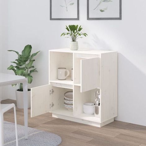 Buffet de Cuisine en Bois Massif de Pin, 74x35x80 cm, Meuble Rangement Blanc pour Salle à Manger et Salon (1/5)