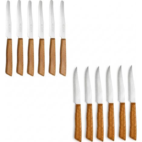 Set 12 Coltelli da Tavola Professionali Made in Italy 6 Bistecca e 6 Punta Arrotondata Acciaio Inox Effetto Legno rovere beige 22 cm Ideali per Carne Pizza Formaggi per uso quotidiano o professionale