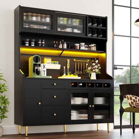 Buffet haut MDF et verre noir 145x39x171 cm avec LED, étagères réglables, tiroir à vin et suspension pour verres (1/5)