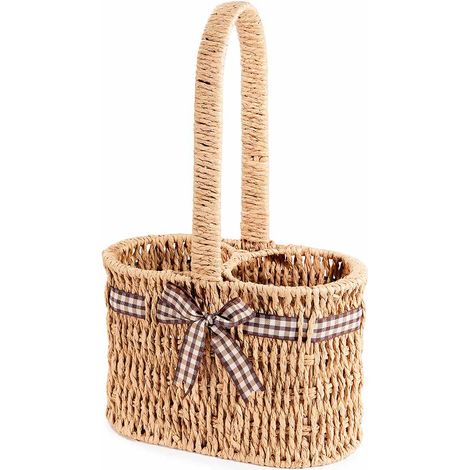 Cestini portabottiglia doppi in carta intrecciata con manico con fiocco a quadri, set da 2 pezzi, cm 23 x 12 x 15 H