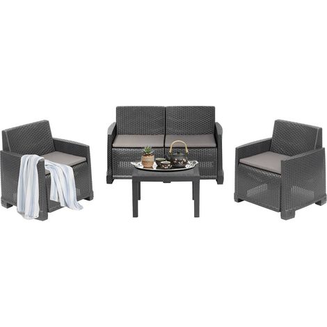 Dmora - Set salotto da esterno Vieste, Set da giardino con 2 poltrone, 1 divano e 1 tavolino, Effetto rattan con cuscini, 100% Made in Italy, Antracite, con imballo rinforzato