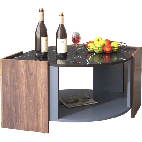Couchtisch mit 1 Offenem Ablagefach, Marmoroptik Schwarz und Nussbaumoptik, Grafische Linien, aus Spanplatte, 96,5×63×40 cm (1/5)