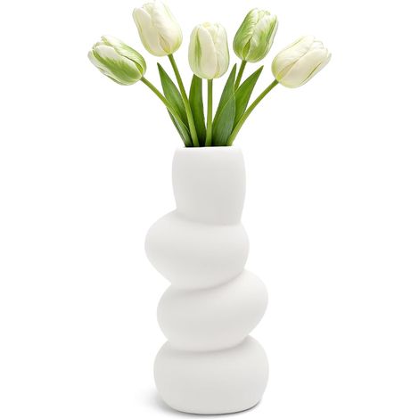 Vase en céramique Blanc – Vase Effet Pierre 20 cm, Vase Design pour Pampas et Fleurs séchées, Vase Fleurs fraîches, Vase décoration Salon, intérieure, Style scandinave (1/5)