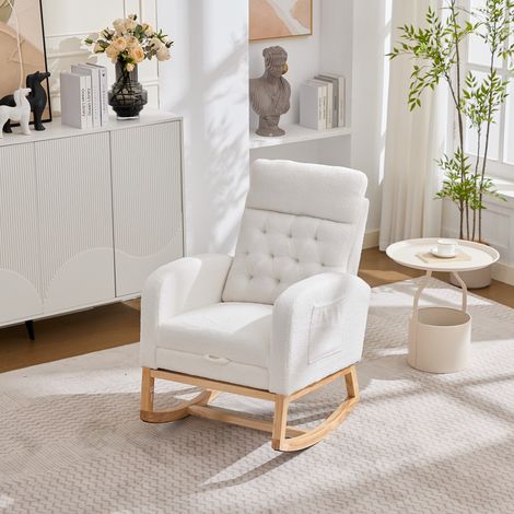 Poltrona a dondolo in bouclé bianco, poggiapiedi regolabile, 65,6 x 123 x 102 cm HAVRYA (1/5)