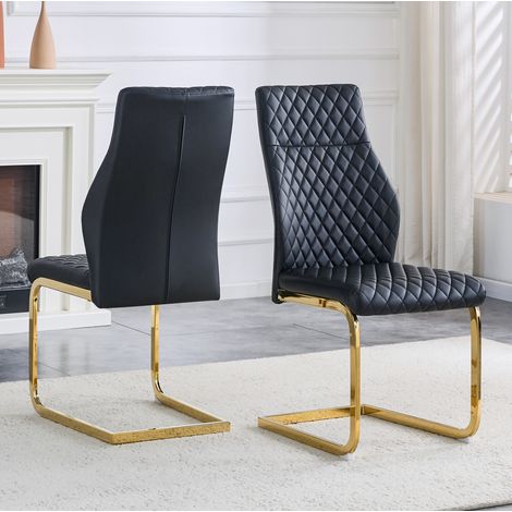 REDOM - Set di 2 sedie da pranzo, schienale alto ergonomico, seduta imbottita, in metallo e similpelle nera e oro. (1/5)