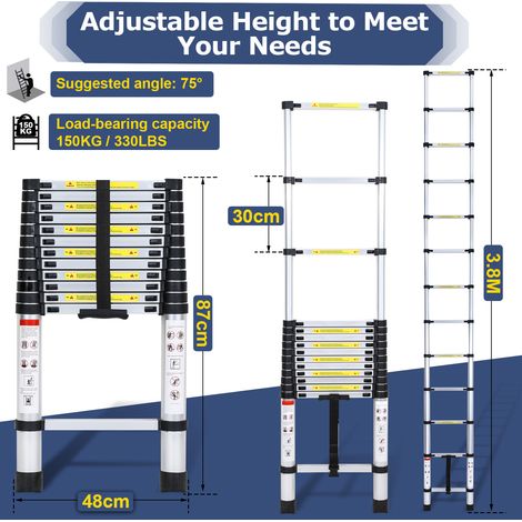 Wolketon Aluminium Teleskopleiter 3,8M, Leiter Ausziehbar, Klappleiter, Mehrzweckleiter, Stehleiter, Haushaltsleiter, Außenleiter, 150 kg Belastbarkeit (1/4)