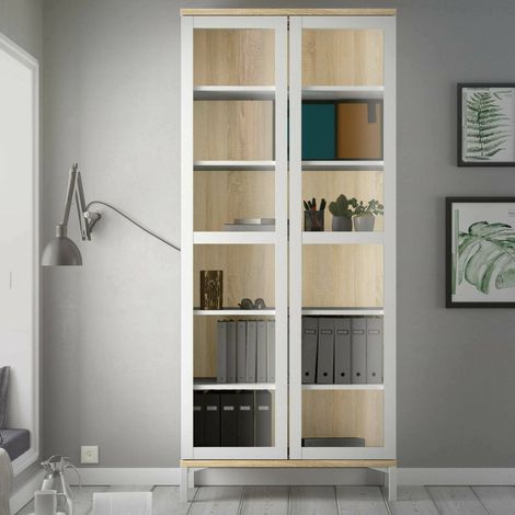 Dmora - Vitrine Hudhud, Glas-Sideboard, Mehrzweckvitrine, Hängendes Bücherregal mit Glastüren, 89x36 h203 cm, Weiß und Eiche (1/5)