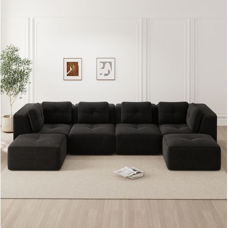 Divano modulare a U con ottomana, velluto a coste nero, senza montaggio, 386 x 177 x 69 cm (1/5)