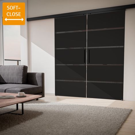 Schiebetür doppelflügelig Schwarz Glas Tür satiniert 1800 x 2035 Zimmertür Glasschiebetür -  Stabgriff+2seitiger Softclose