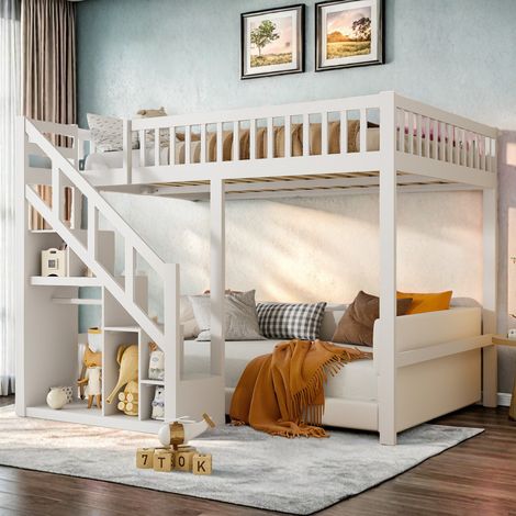 Lit superposé pour enfants 140 x 200 cm blanc–Lit ado–2 places avec escalier et rangement–Barrière antichute–Structure en bois massif–Design moderne (1/5)