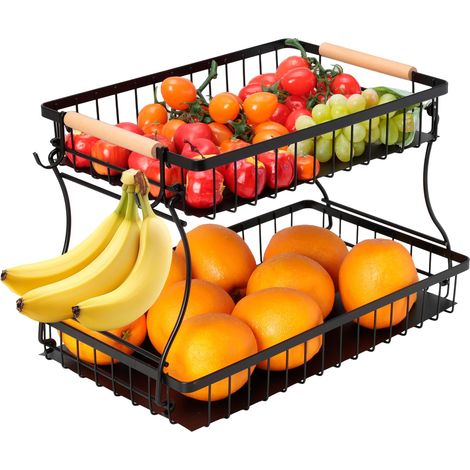 Présentoir à Fruits Noir Métal, Panier Fruits Légumes, Rangement Cuisine avec 2 Plateaux, 2 Crochets (1/4)