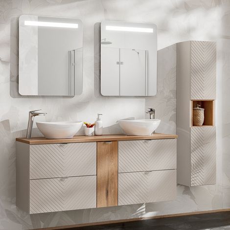 Conjunto de muebles con doble lavabo 140cm 4 cajones 1 puerta espejos LED y columna Manoa Cachemira y madera (1/4)