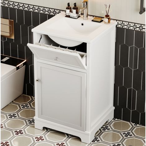 Waschtischunterschrank 51x46x87 cm aus MDF und weißer Keramik mit integriertem Stauraum – MEUBLIV (1/5)