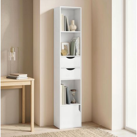 Libreria stretta con 2 cassetti e 3 ripiani aperti, 30x24x158 cm, bianca OKMYHOME (1/5)