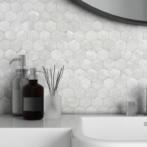 Lot de 10 carreaux de dosseret à décoller et à coller - Carreaux de dosseret pour cuisine - Panneaux muraux hexagonaux en marbre (gris ciment, 10 pièces) (1/5)