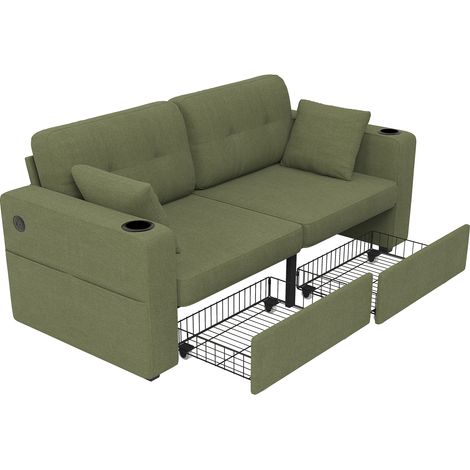 Divano 2 posti in ciniglia verde oliva con cassetti, porte USB, portabicchieri e tasche laterali (1/5)