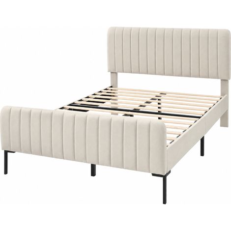 Cama tapizada 140 x 200 cm con somier de lamas y cabecero regulable, beige gris (1/5)