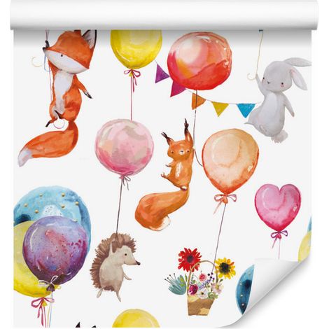 Carta da parati con animali del bosco e palloncini per soggiorno e camera da letto, 50x1000 cm (1/5)