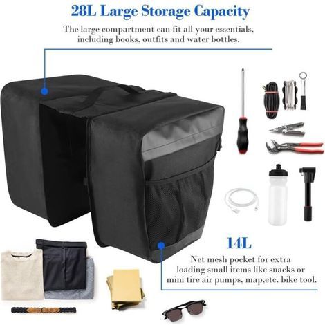Sacoches de vélo pour porte-bagages, sacoches de vélo arrière Welltop 28L pour porte-bagages, sacoches de vélo étanches, sacoches de vélo avec poignées, bandes réfléchissantes (1/4)