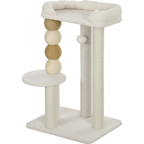 Katzenkratzbaum mit Bett, Plattform und Spielball, aus Holz, Plüsch und Jute, 48,5 x 40 x 76 cm, Beige (1/5)