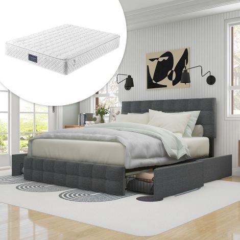 (=212298AAG) Letto imbottito con 4 cassetti, letto matrimoniale con rete a doghe, letto contenitore, testiera regolabile in altezza, supporto a doghe in metallo, materiale in lino (140200 cm, grigio,  (1/5)