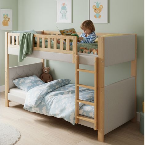 Lit superposé 90/200 cm gris et naturel en bois d'hévéa avec escalier droit 4 marches (1/5)