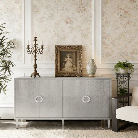 Cabinet de rangement élégant et fonctionnel, avec 4 portes. Fabriqué en bois de pin et en MDF. Parfait pour la chambre à coucher, le salon ou la cuisine. Couleur champagne. (1/4)