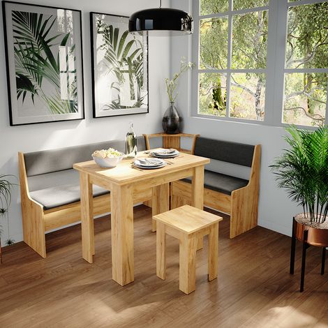 Conjunto con banco esquinero Roman, Roble dorado, 180 x 41.5 cm con mesa, Vicco