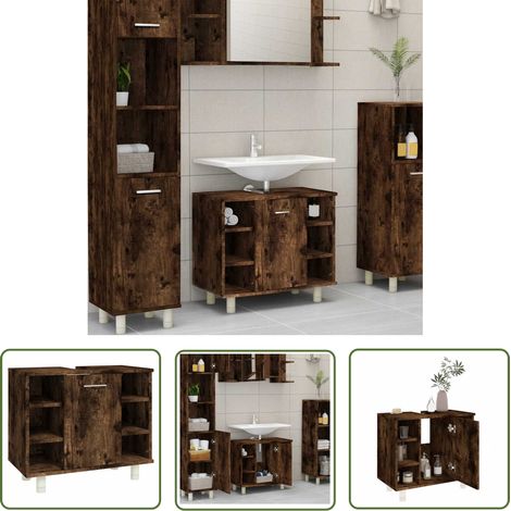 The Living Store Armoire de bain Chêne fumé 60x32x53,5 cm Bois d'ingénierie - Meuble De Salle De Bain - Armoire De Salle De Bain - Rangement Salle De Bain - Commode Salle De Bain - Unité Salle De Bain (1/5)
