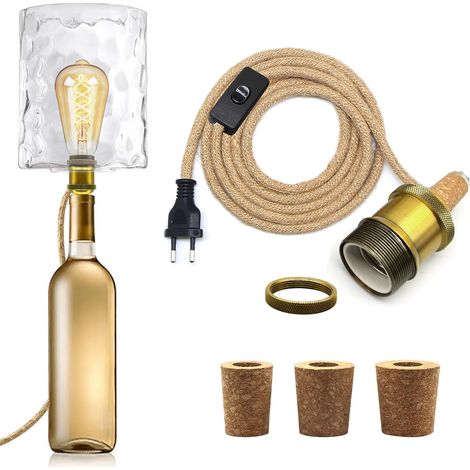 Kit Lampe Bouteille - 1 Ensemble - Métal et Chanvre - Douille E27 Ajustable - Décoration Intérieure DIY - Câble 240cm Bronze