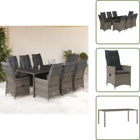 The Living Store Set comedor jardín 9 pzas y cojines ratán sintético gris - Sillas de jardín