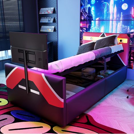 Cama infantil gaming 90x200 cm tapizada negra con LED multicolor, arcón hidráulico y soporte TV integrado (1/5)
