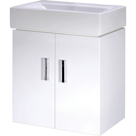 Wall Hung 2 Door Cloakroom Vanity Basin Unit - 450mm - Gloss White (1/5)