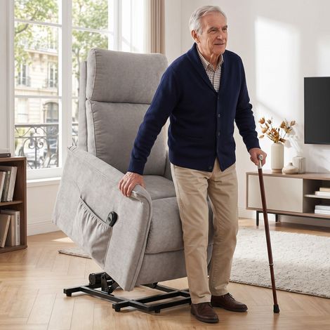 Fauteuil releveur électrique gris, fauteuil relax motorisé en chenille avec coussin à ressorts, dossier inclinable (1/5)