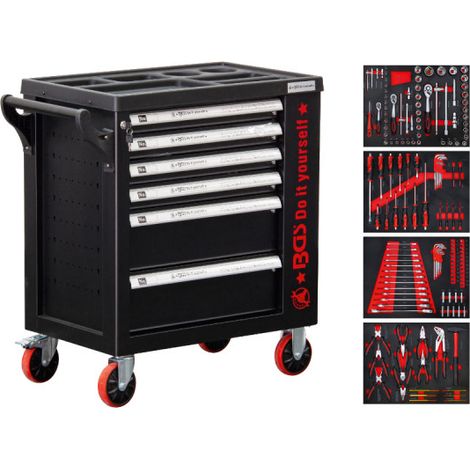 Bgs Technic – Servante d'atelier roulante 6 tiroirs 1 porte latérale – 158 outils inclus – Dimensions 876x740x465mm – 4 roulettes dont 2 fixables (1/5)