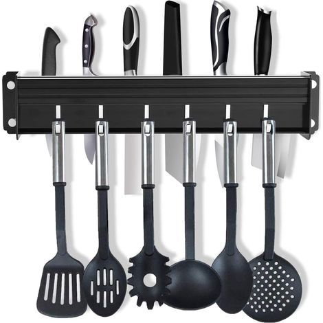 Küchenleiste ohne Bohren, Messerblock ohne Messer, Küchenleiste aus Aluminium mit 7 Haken, Küchenutensilienhalter ohne Bohren (1/5)