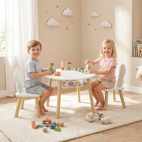Table enfant avec chaises et rangement, ensemble de mobilier enfant 3 pièces blanc et naturel pour salles de jeux et chambres d'enfants (1/5)
