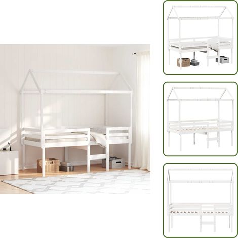 The Living Store Hochbett mit Dach Weiß 80x200 cm Massivholz Kiefer - Kinderbett - Hochbett - Holzbett - Kiefernholzbett - Weißes Bett