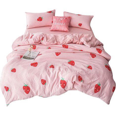 Drap-housse - Taie d'oreiller - Housse de couette - 150x210 cm - Polyester - Imprimé fraise - Pour lit 1,50 m - Lot de 3 pièces (1/5)