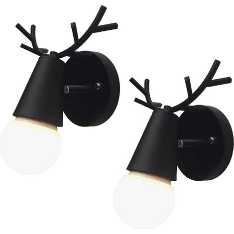 Lot de 2 Applique Murale Moderne Lampes Murale Interieur avec Décoration de Bois de Cerf Lampe de Mur Métal pour Chambre Salon Escalier Couloir Salle de Bains, Noir BLOW (1/5)
