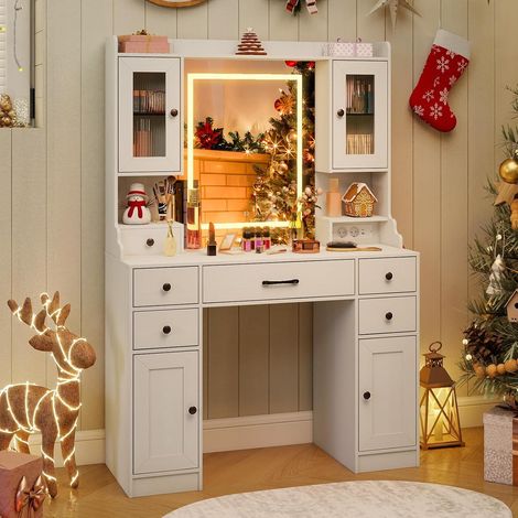 COSTWAY Toeletta Trucco con Luci LED, Specchiera con Prese di Corrente, Luci a 3 Colori e Luminosità Regolabile, Postazione Trucco Moderno con Porta Asciugacapelli, 4 Armadi e 6 Cassetti (1/5)