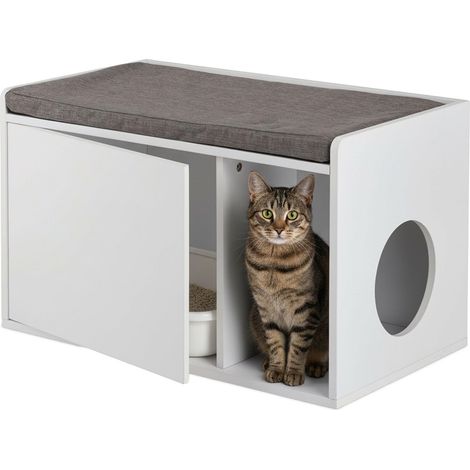 Armoire pour Chat avec Assise, 2 en 1 Meuble litière et Banc, 45,5 x 75 x 43 cm, Blanc/Gris (1/5)