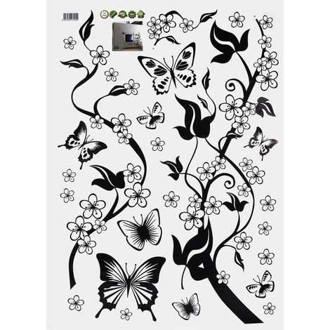adhesivo de pared de PVC, diseño de flores y mariposas negras, decoración removible y reposicionable para sala de estar, dormitorio u oficina. (1/5)