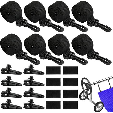 Lot de 8 bandes de fixation et pinces, enrouleur de piscine, système d'enroulement mobile pour bâches de piscine, couvertures pour film solaire (1/5)