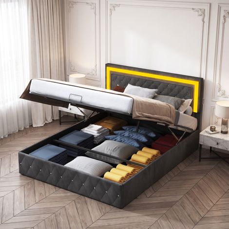 Lit coffre 160x200 cm, Lit capitonné velours avec rangement, Tête de lit avec éclairage LED, Sommier en bois massif (1/5)