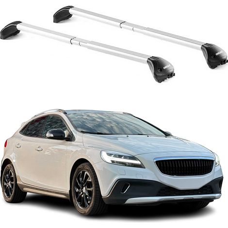 OMAC Barres de toit transversales certifiées TÜV pour Volvo V40 Cross Country 2013-2019 – Verrouillables (4 antivols) – Charge max 100 kg – Sangle inox + protection caoutchouc Argent (1/4)