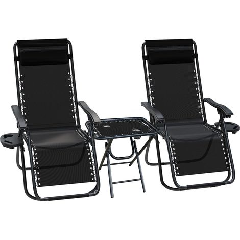 Lot de 2 Chaise Longue inclinable avec Table Pliable Support de Gobelet Chaise de Jardin Pliable en Textilène Chaise Longue avec Rembourrage de Tête Charge Max 120 kg Noir (1/5)