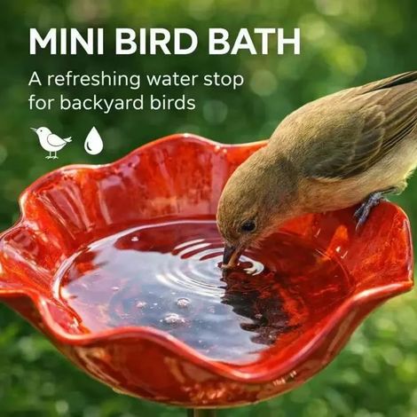 ®RisingFF Deux bains d'oiseaux et abreuvoirs à insectes en métal à motifs floraux, adaptés aux jardins et terrasses, 860cm, rouges. (1/5)