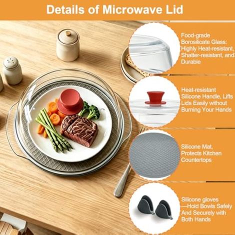 Couvercle en verre pour micro-ondes : protection anti-brûlure avec poignées en silicone, double trou de ventilation, pour assiettes et bols, sans BPA, rouge. (1/3)
